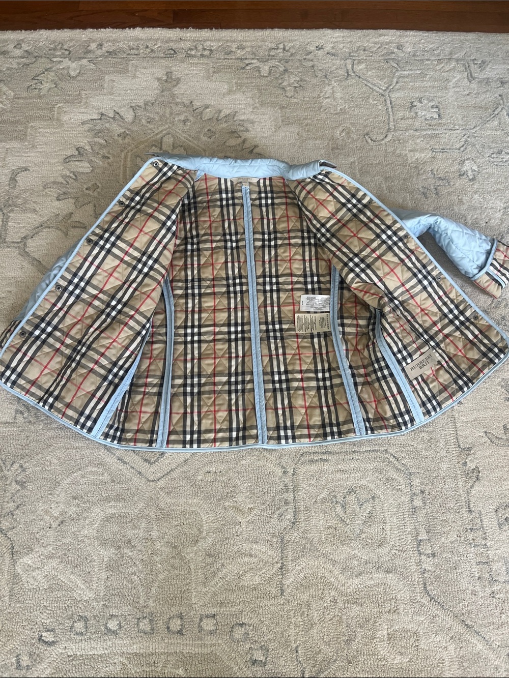 Burberry Light Blue Quilted Puffer Jacket with Signature Plaid Cuffs EC - Picture 7 of 10